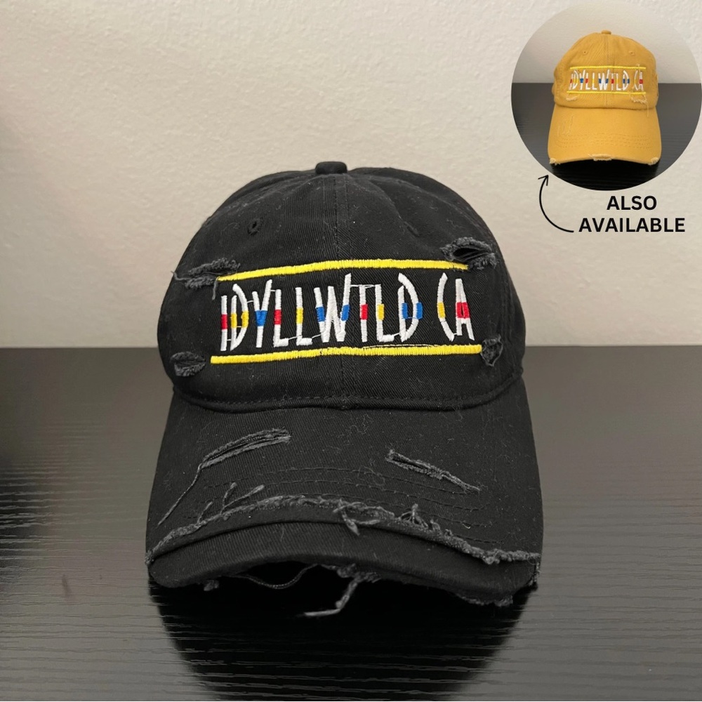 NWOT Black Vintage Distressed Hat Adjustable Embroidered Idyllwild Ca